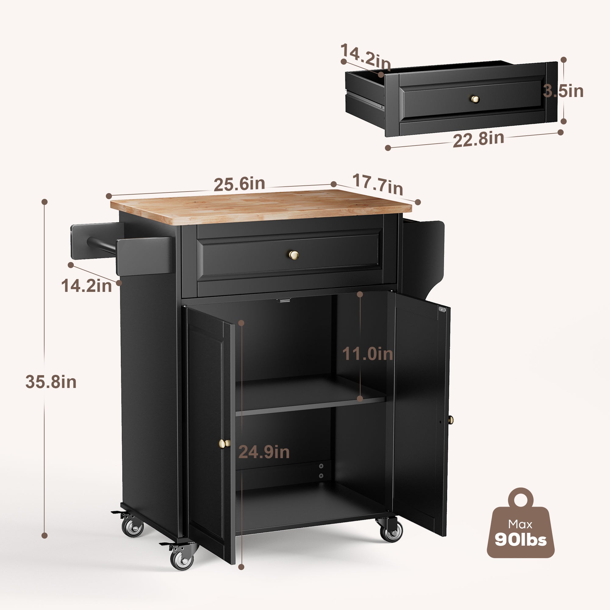 Gizoon AK61 Kitchen Storage Cart Rolling Cabinet on Mental Wheels with Drawer