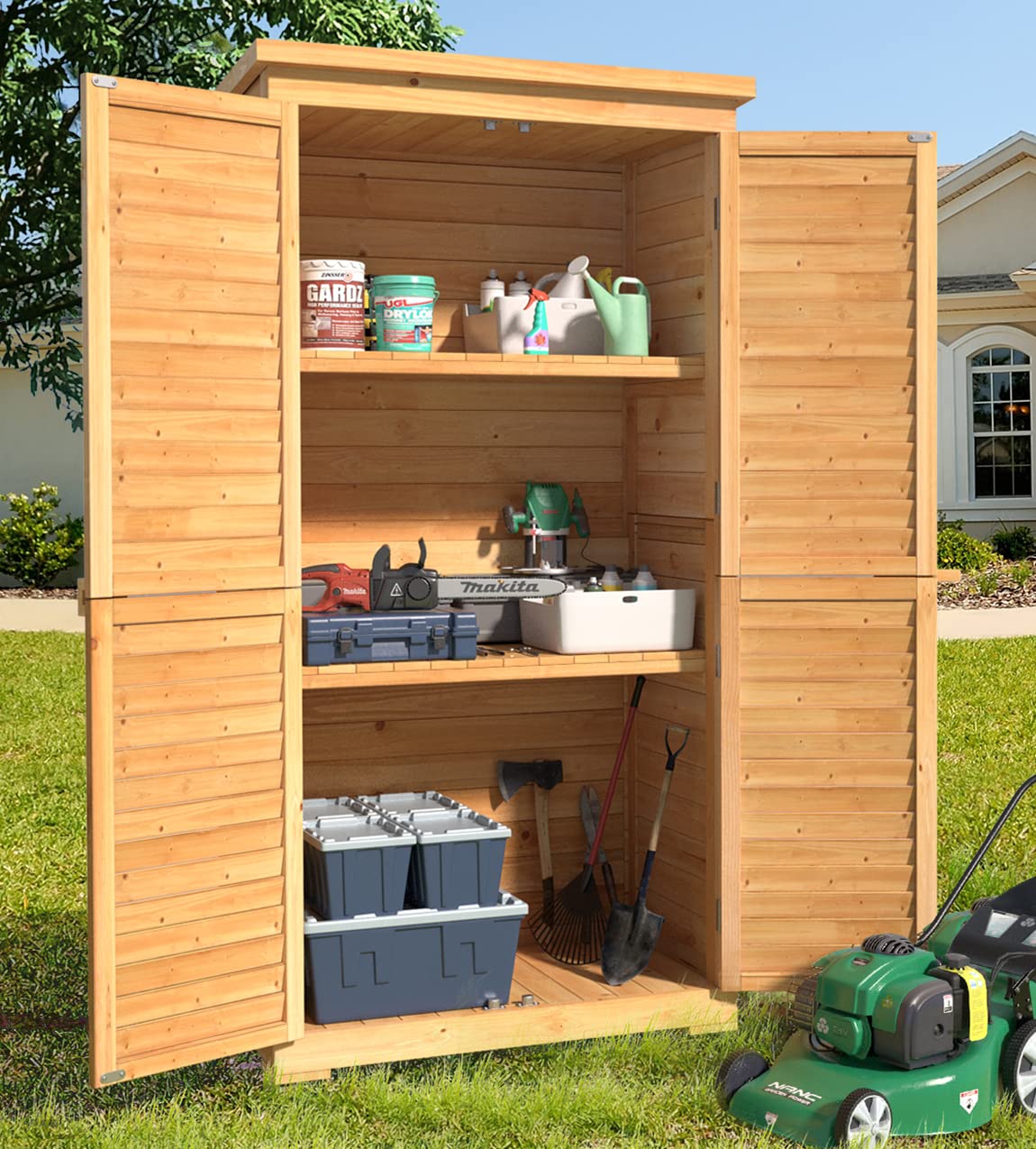Gizoon CC30 Outdoor Wooden Storage Cabinet with 3 Shelves and Waterproof Roof