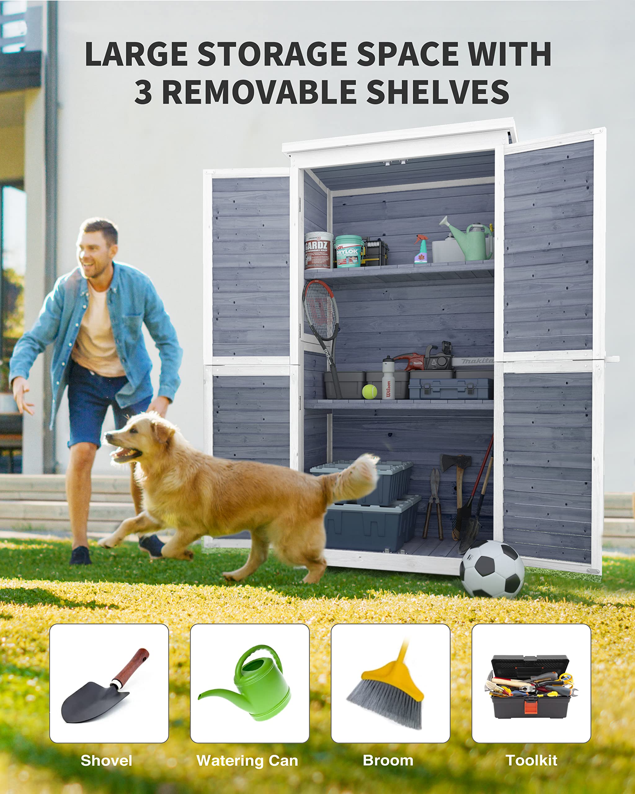 Gizoon CC30 Outdoor Wooden Storage Cabinet with 3 Shelves and Waterproof Roof