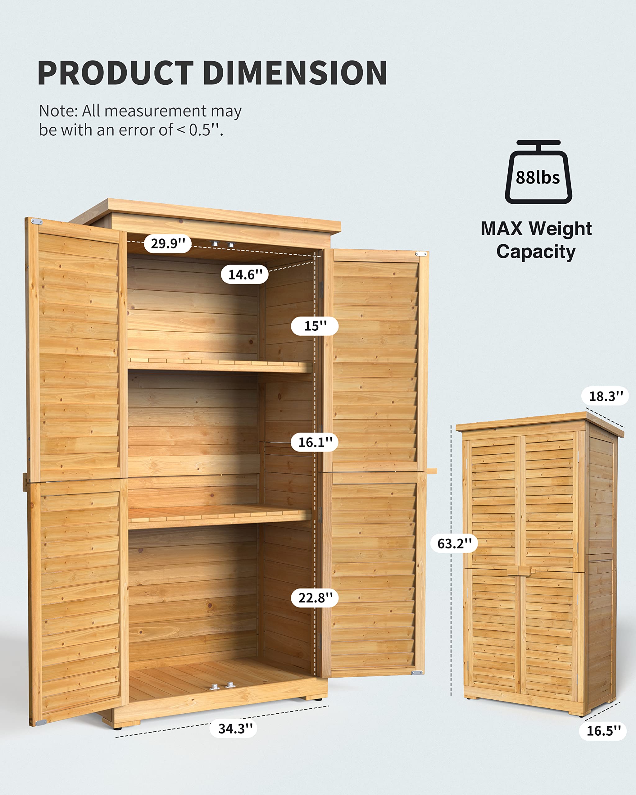 Gizoon CC30 Outdoor Wooden Storage Cabinet with 3 Shelves and Waterproof Roof