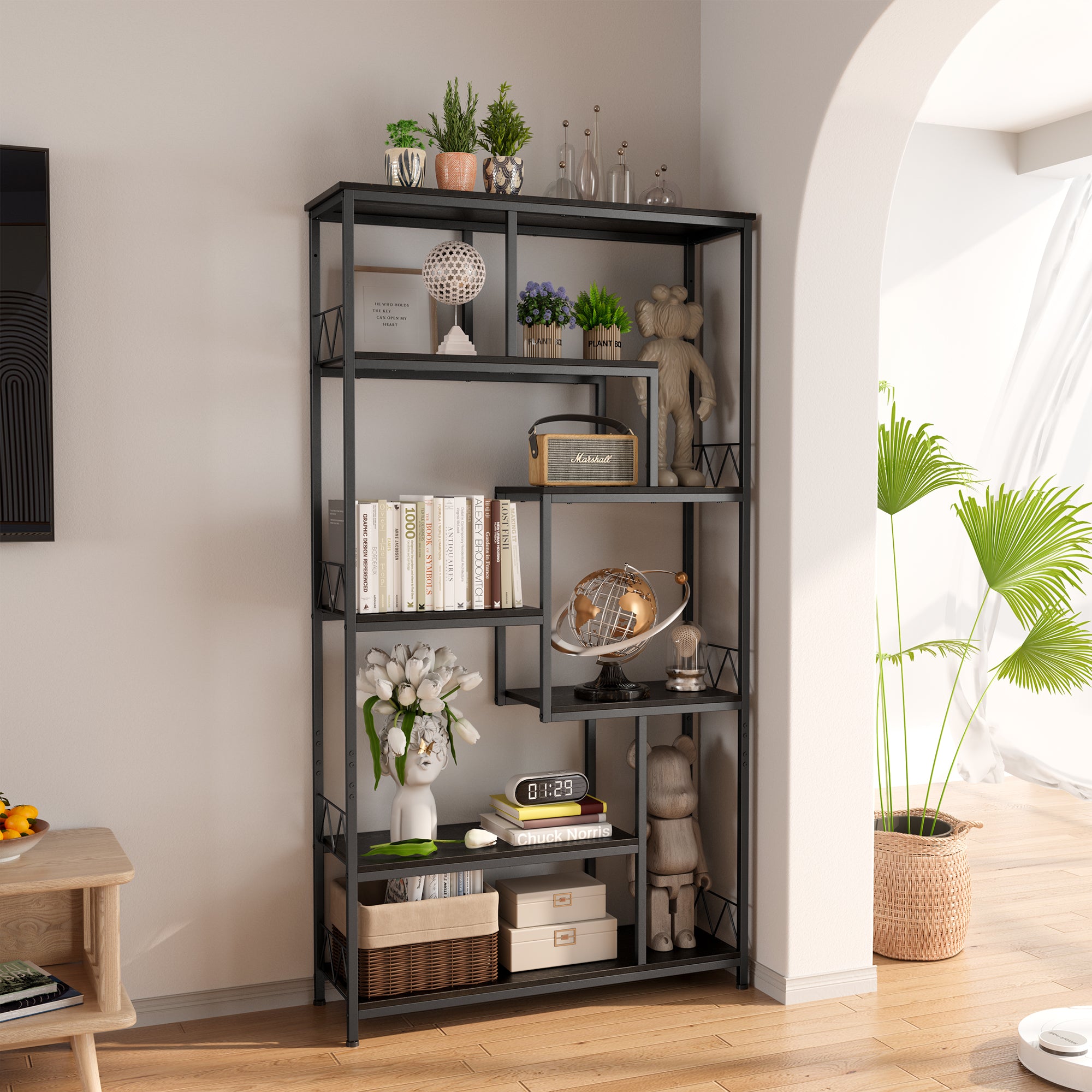 Gizoon FS13 71” Industrial Metal Frame Staggered Bookshelves for Storage