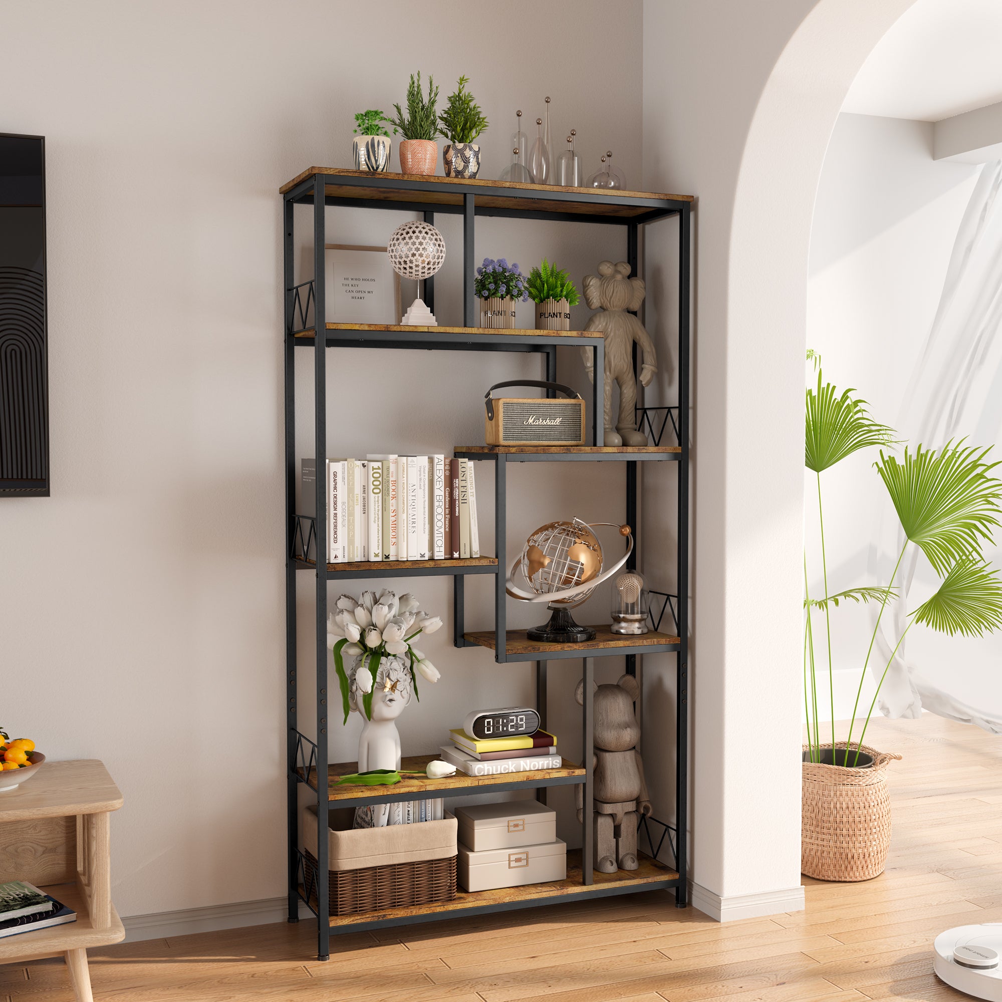 Gizoon FS13 71” Industrial Metal Frame Staggered Bookshelves for Storage
