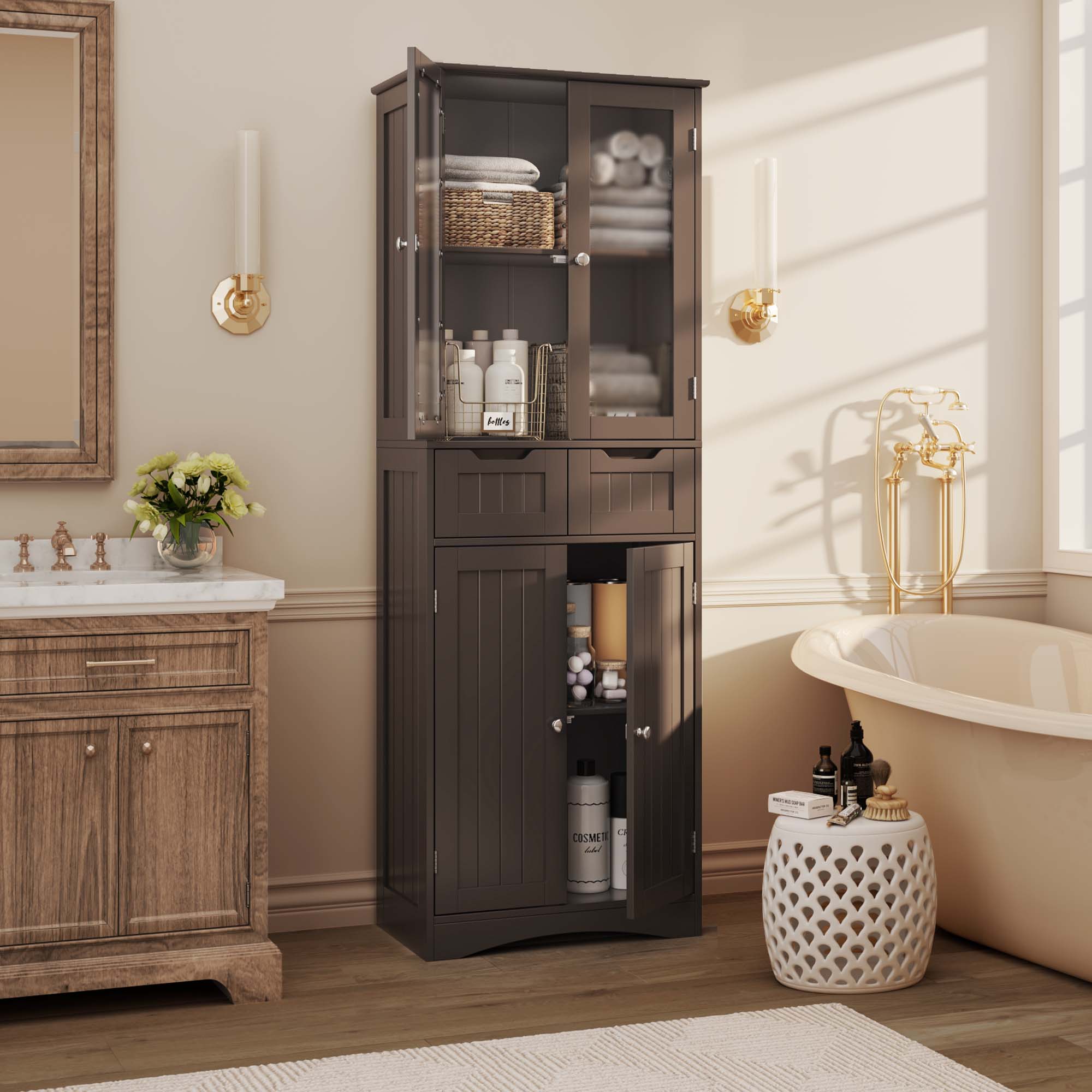 Gizoon AP33 66.9'' H Large Modern Tall Storage Cabinet with 2 Drawers, Freestanding Pantry and Glass Doors