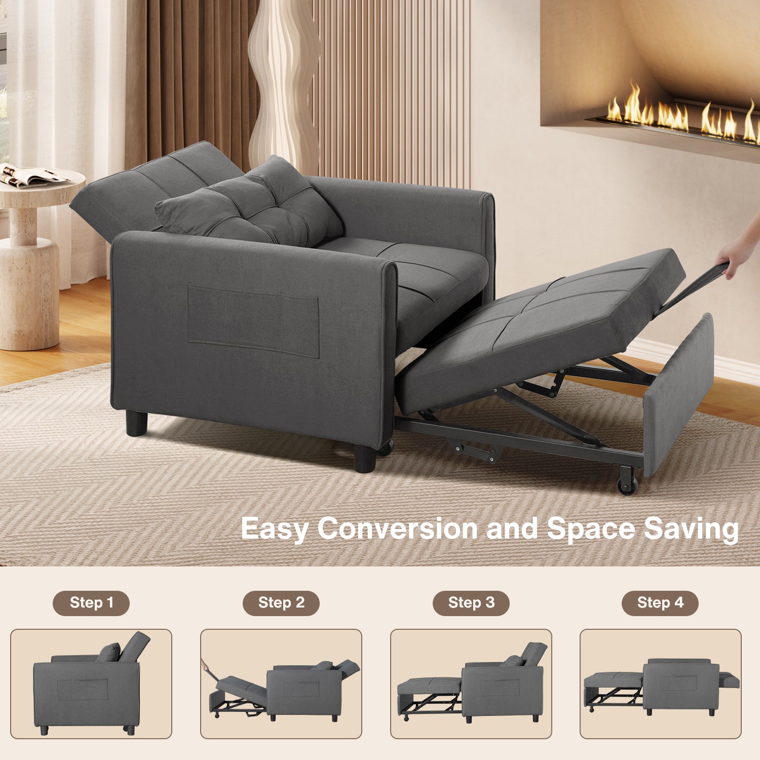 Gizoon AR20 Convertible Sleeper Sofa Chair Bed with Pillow and Pocket