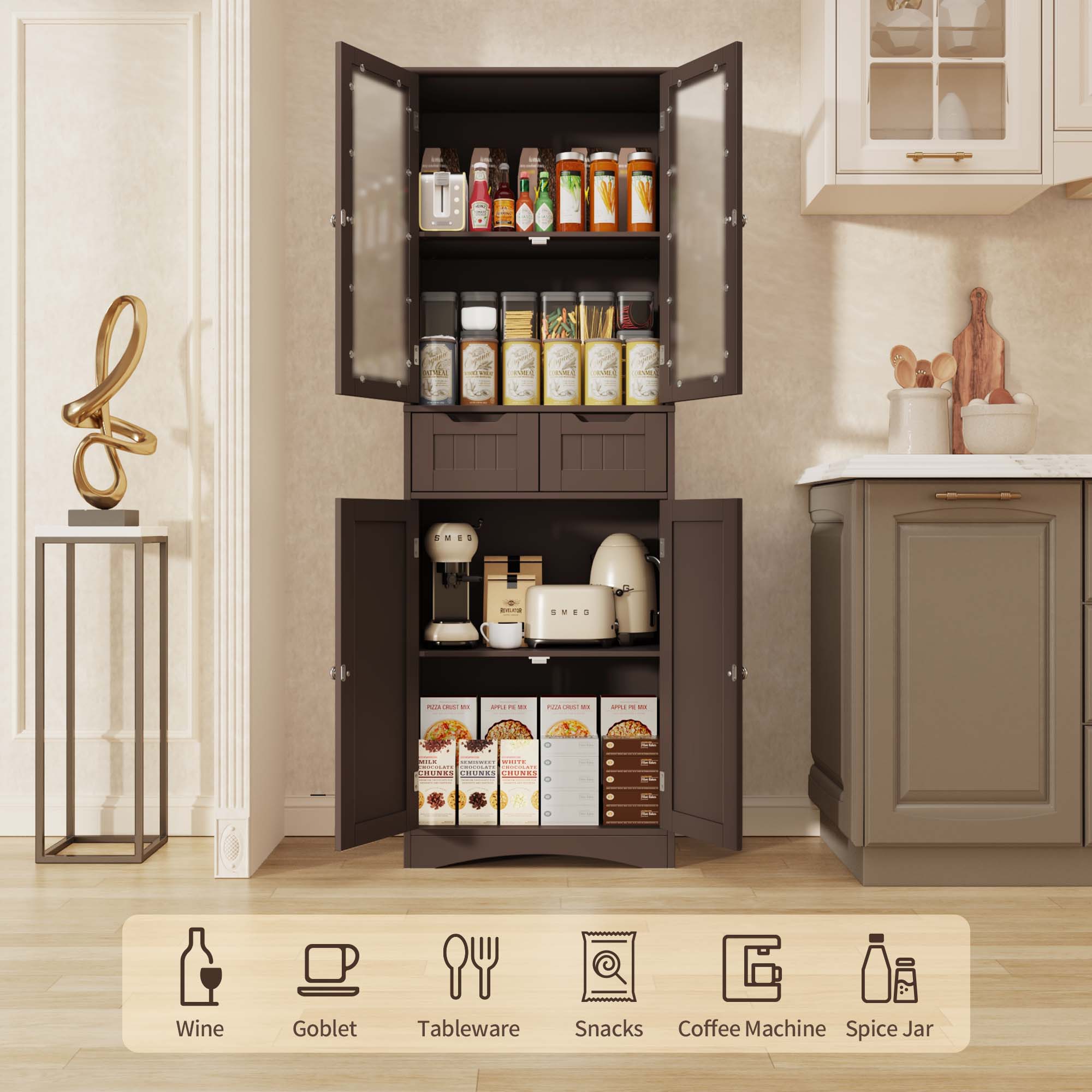 Gizoon AP33 66.9'' H Large Modern Tall Storage Cabinet with 2 Drawers, Freestanding Pantry and Glass Doors