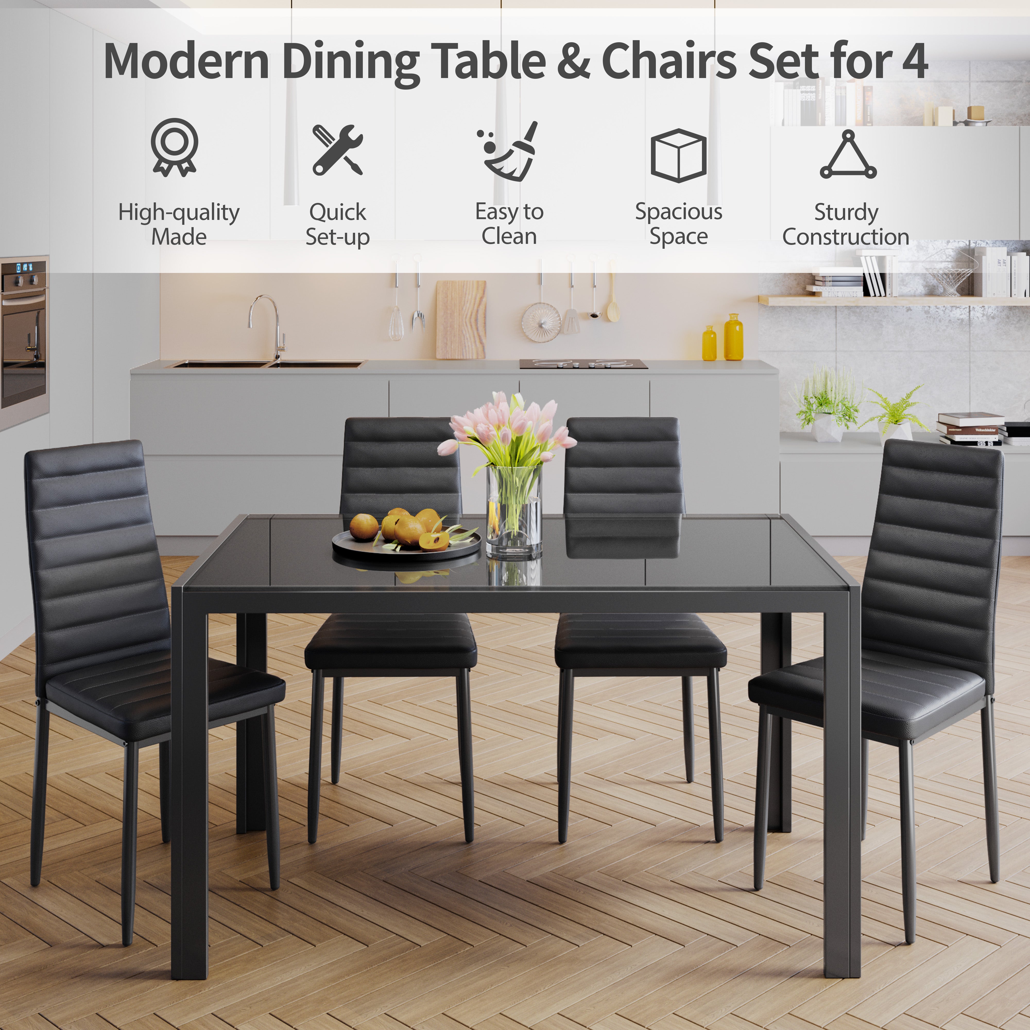 Gizoon TB40 5 Piece Glass Dining Table Set For 4, Leather Modern Room Sets Home