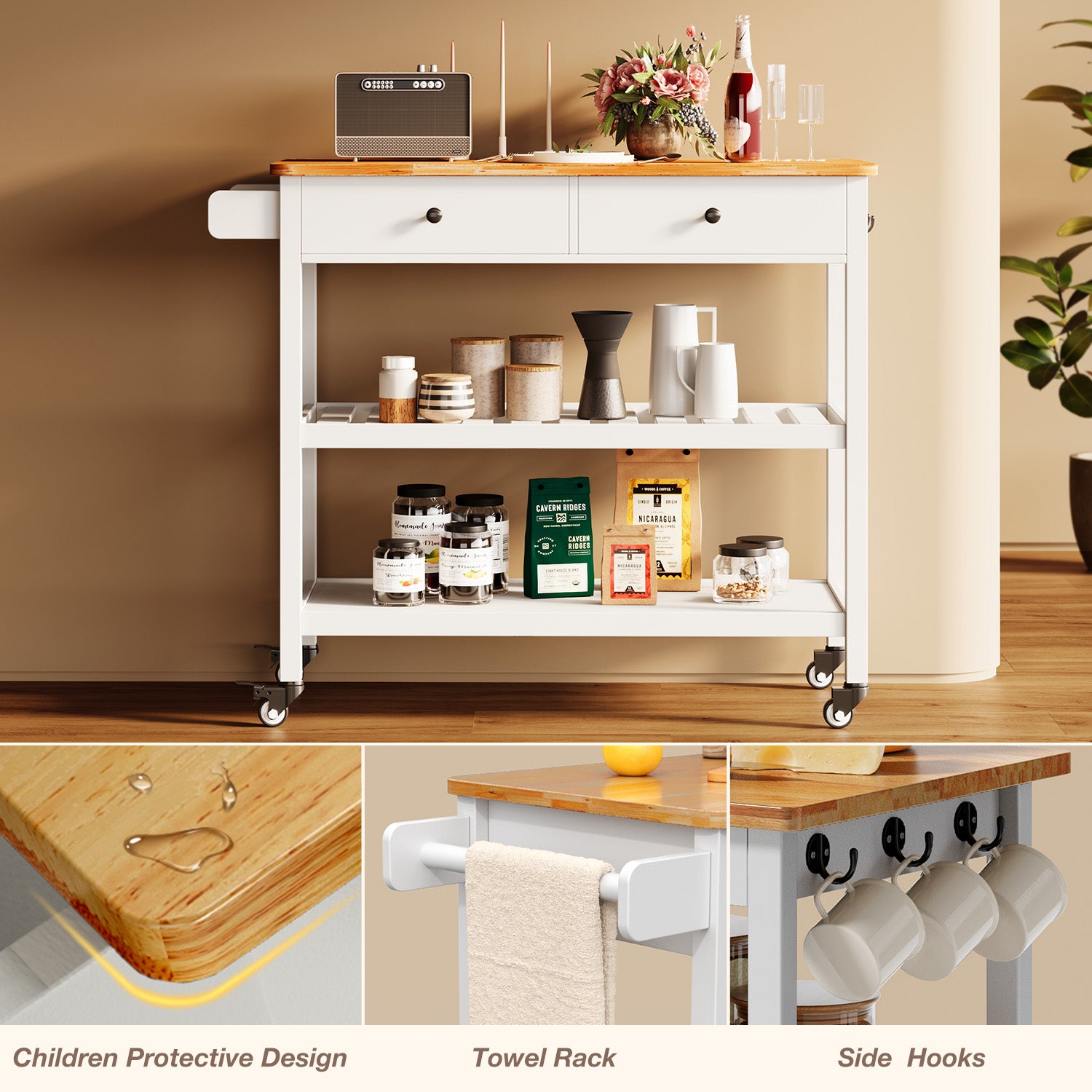 Gizoon KC41 Kitchen Island Cart on Wheels with 40'' Wood Tabletop