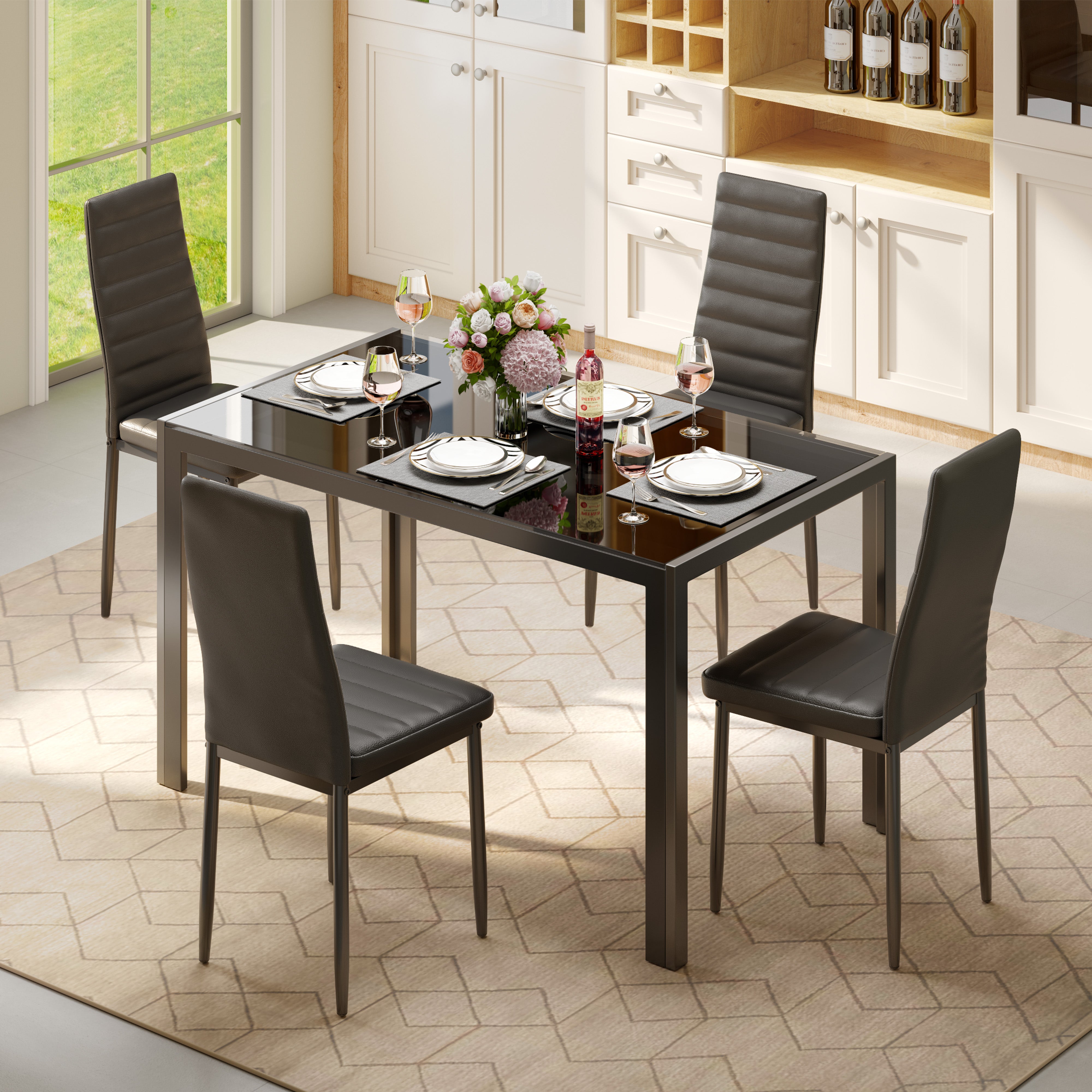 Gizoon TB40 5 Piece Glass Dining Table Set For 4, Leather Modern Room Sets Home
