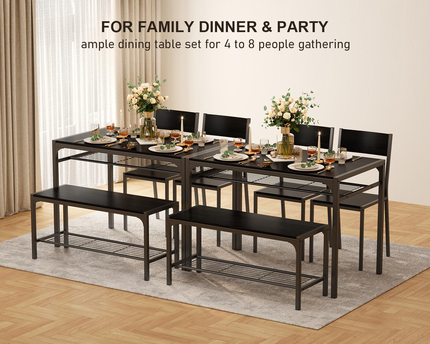 Gizoon TB44 Dining Table Set for 4 with Bench & 2 Chairs