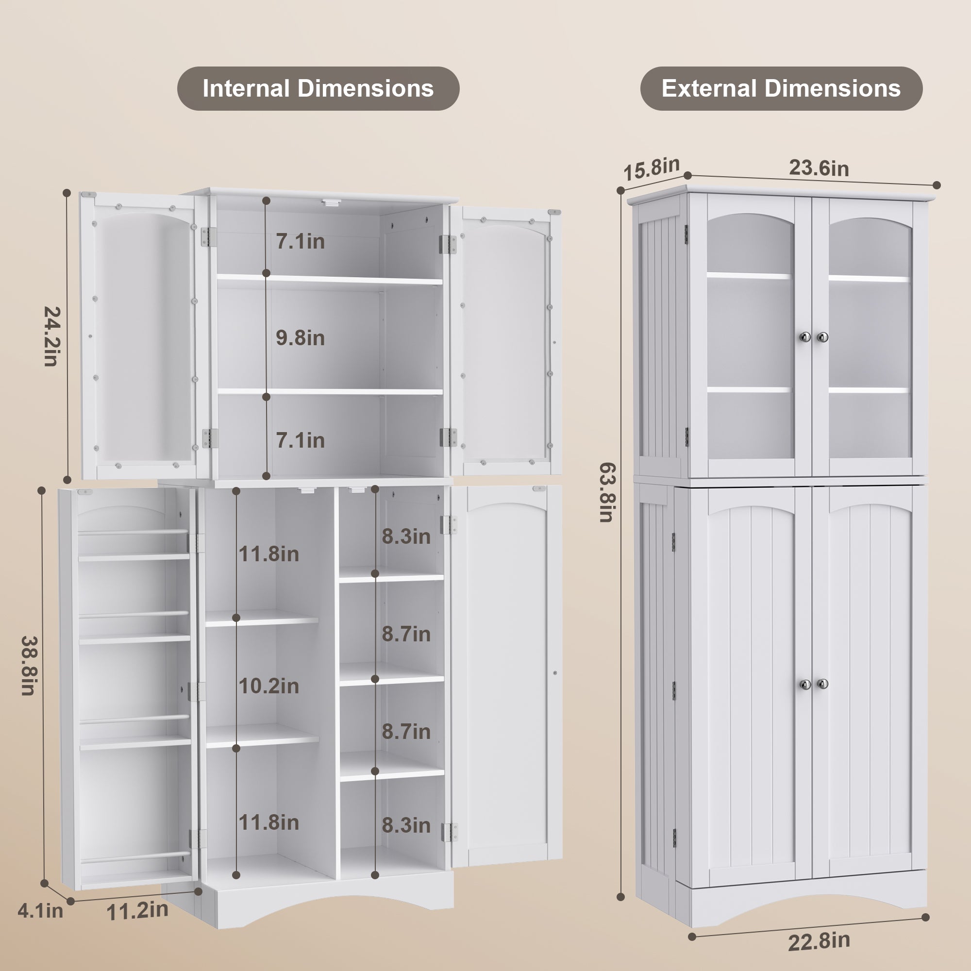 Gizoon AP31 64" Freestanding Kitchen Pantry Cabinet with Glass Doors and Adjustable Shelves