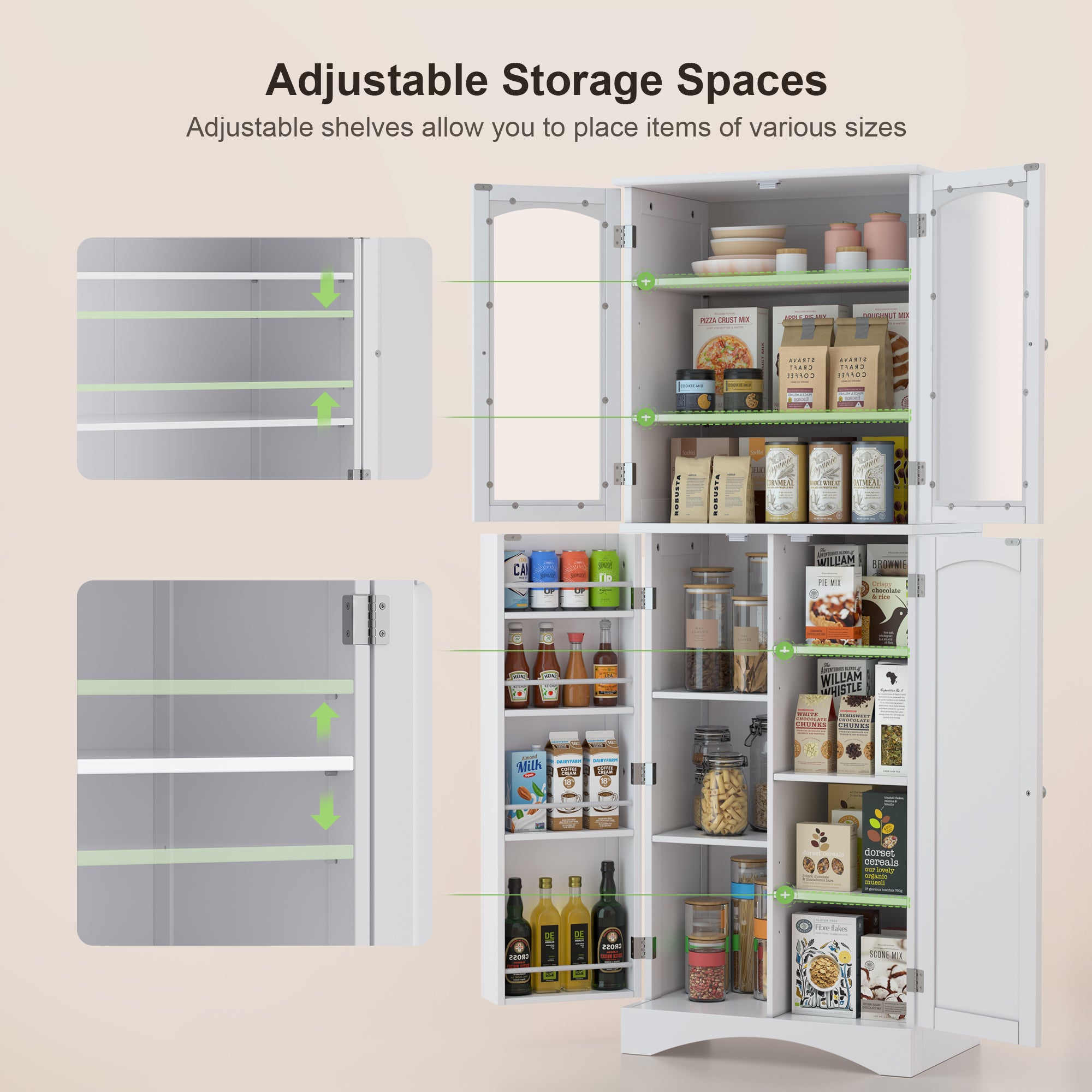 Gizoon AP31 64" Freestanding Kitchen Pantry Cabinet with Glass Doors and Adjustable Shelves