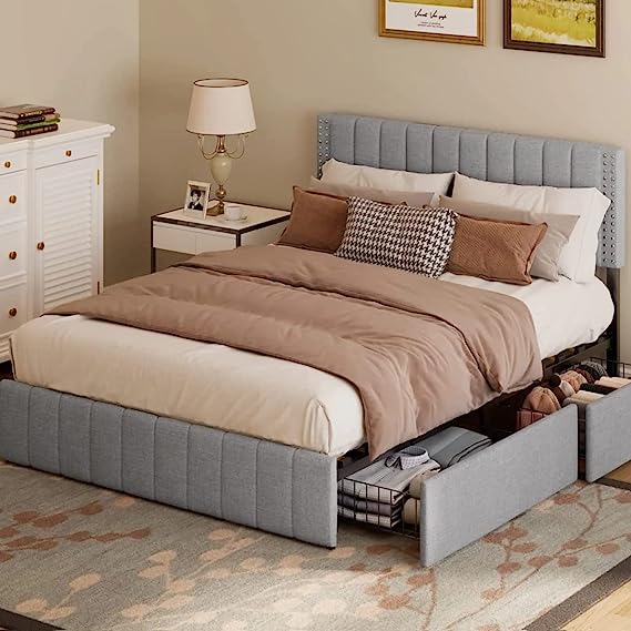 Gizoon BF03 Bed Frame with 4 Storage Drawers and Adjustable Headboard