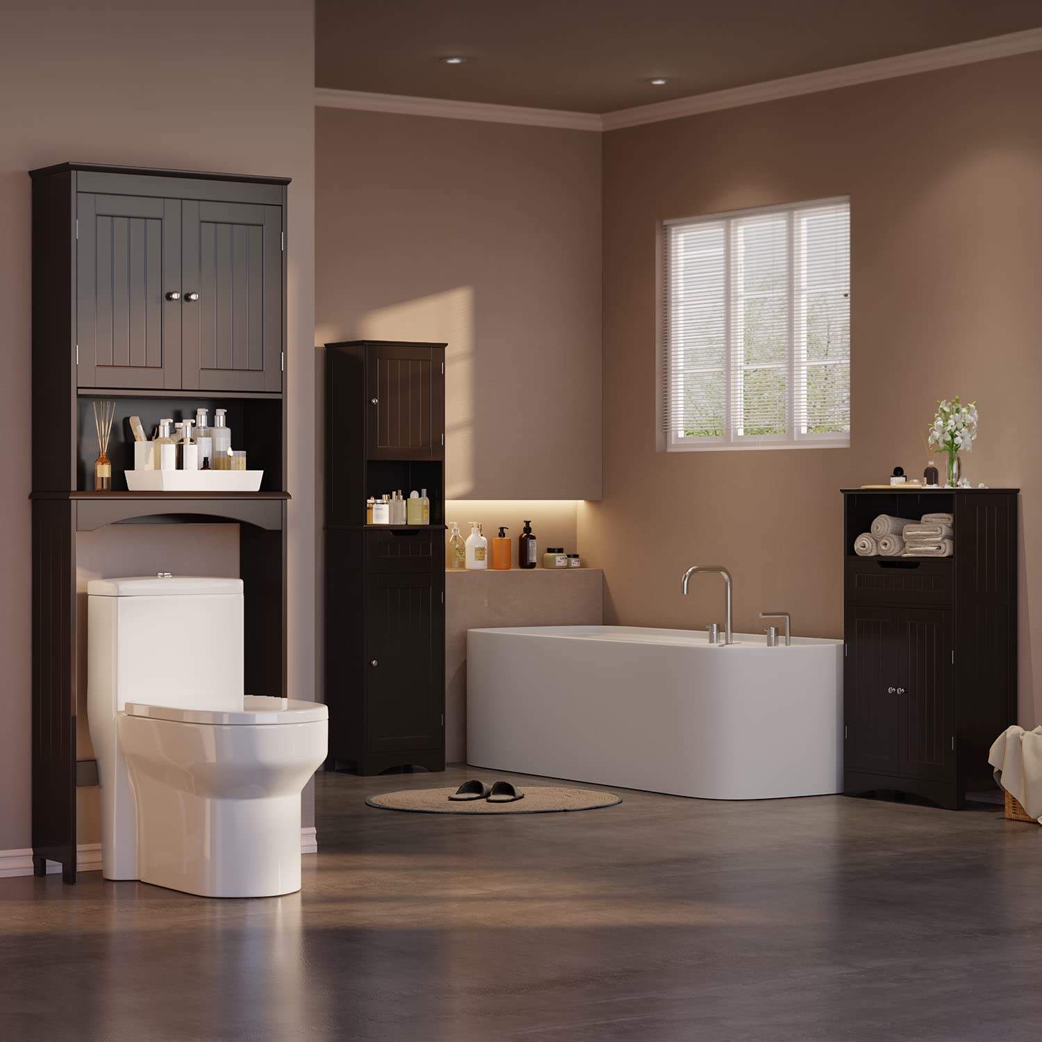 Gizoon AP12 Over The Toilet Storage Cabinet with Adjustable Shelf and Double Doors Wooden Rack