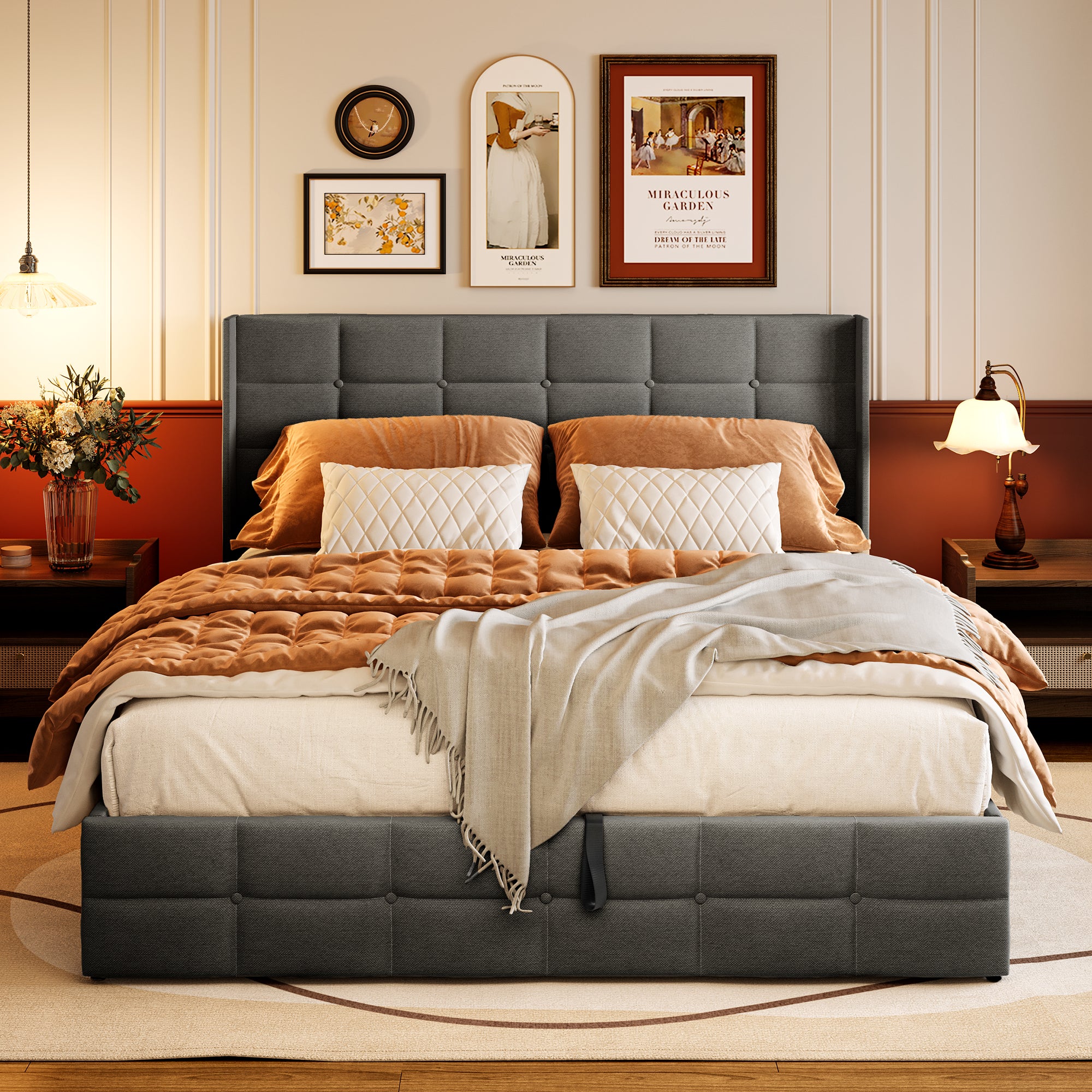 Gizoon BF81 Upholstered Platform Bed Frame with Modern Wingback Headboard