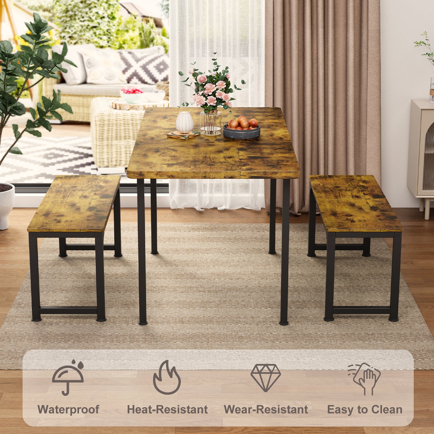 Gizoon TB73 55" Extendable Dining Table Set with 2 Benches for 4 to 6