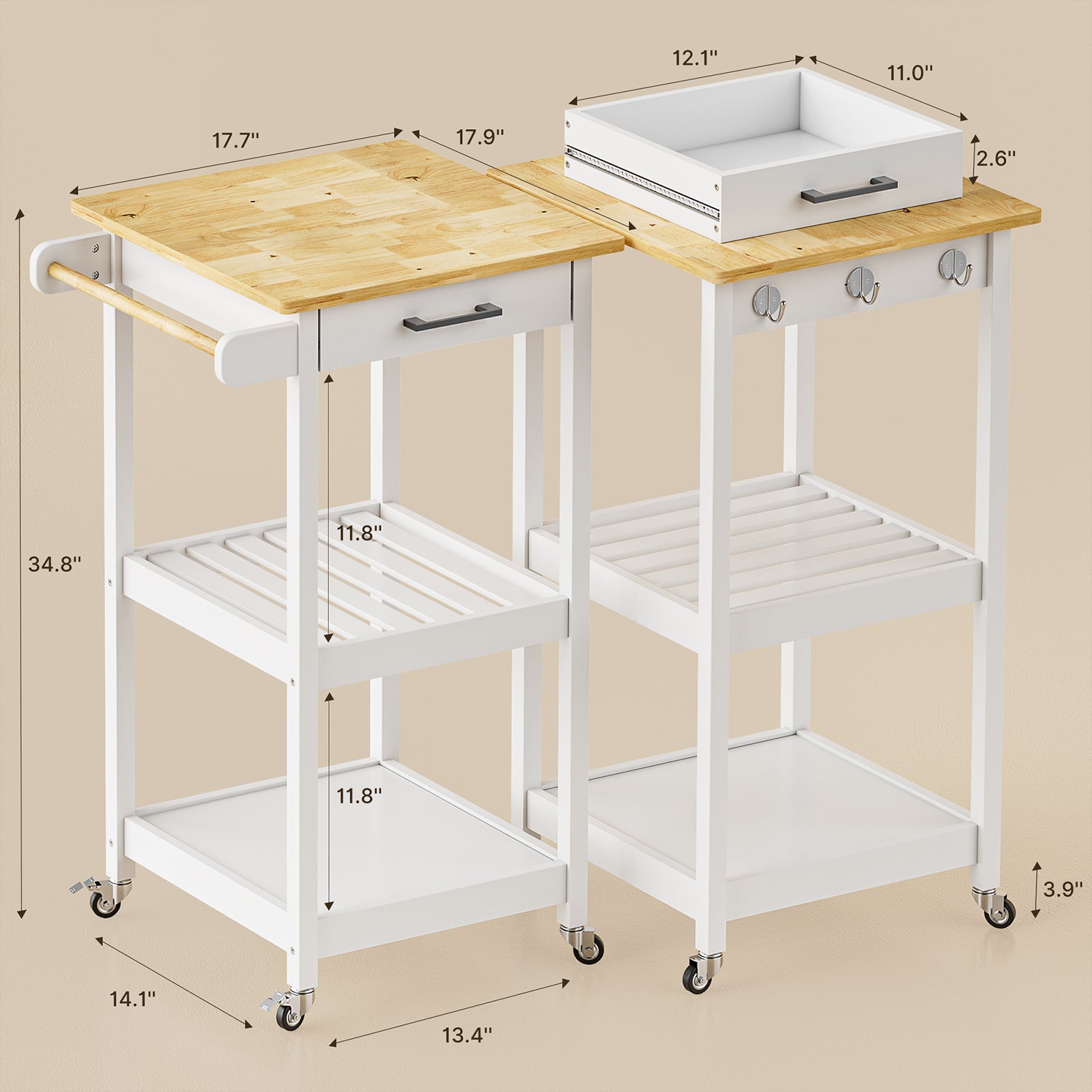 Gizoon KC30 Rolling Small Kitchen Island Cart with Top Drawer and 2 Open Shelf