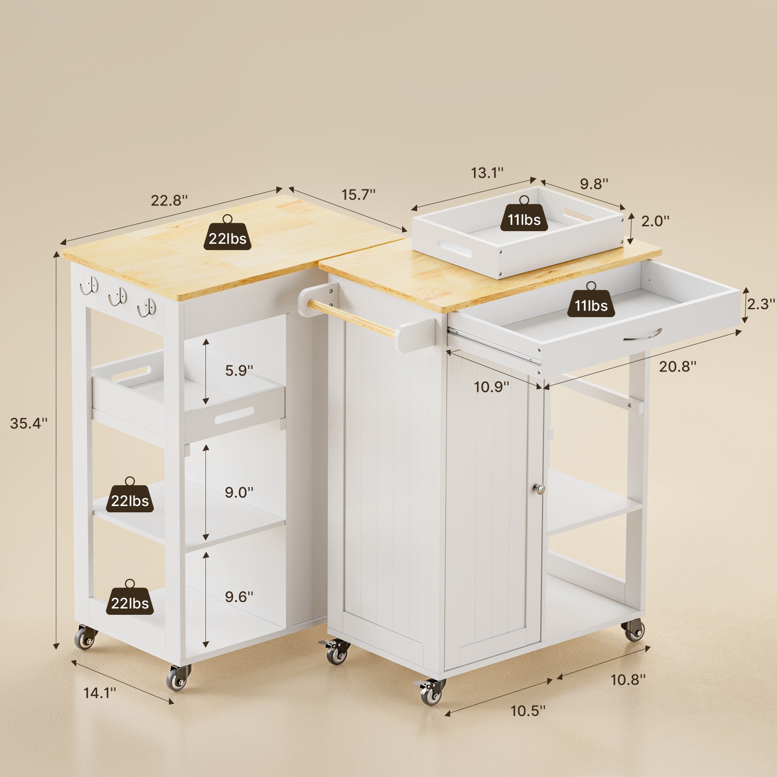 Gizoon KC50 27.6''W Kitchen Island Cart with Removable Tray and Drawer