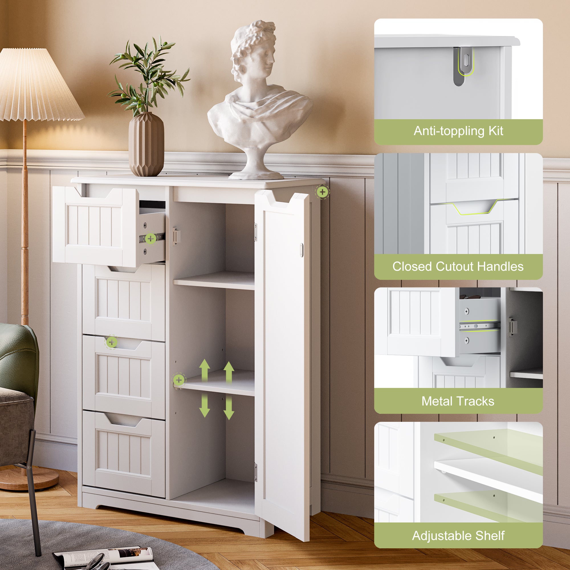 Gizoon AP26 White Modern Pantry Storage Cabinet with Door and Shelves