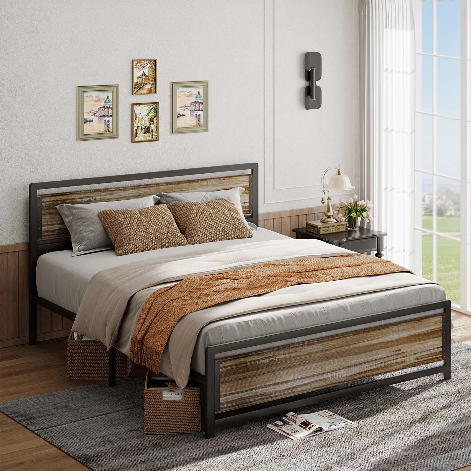 Gizoon BF32 Metal Platform Bed Frame with Wooden Headboard & Large Underbed Storage