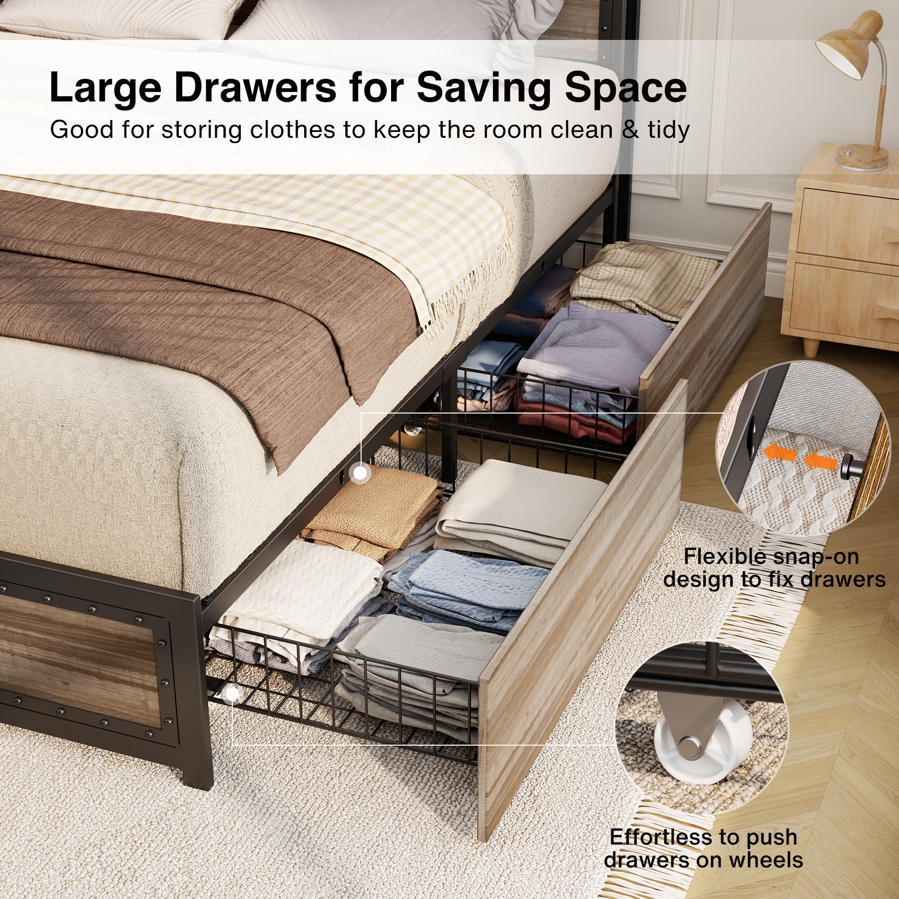 Gizoon BF72 Bed Frame with 4 Storage Drawers and 2-Tier Headboard