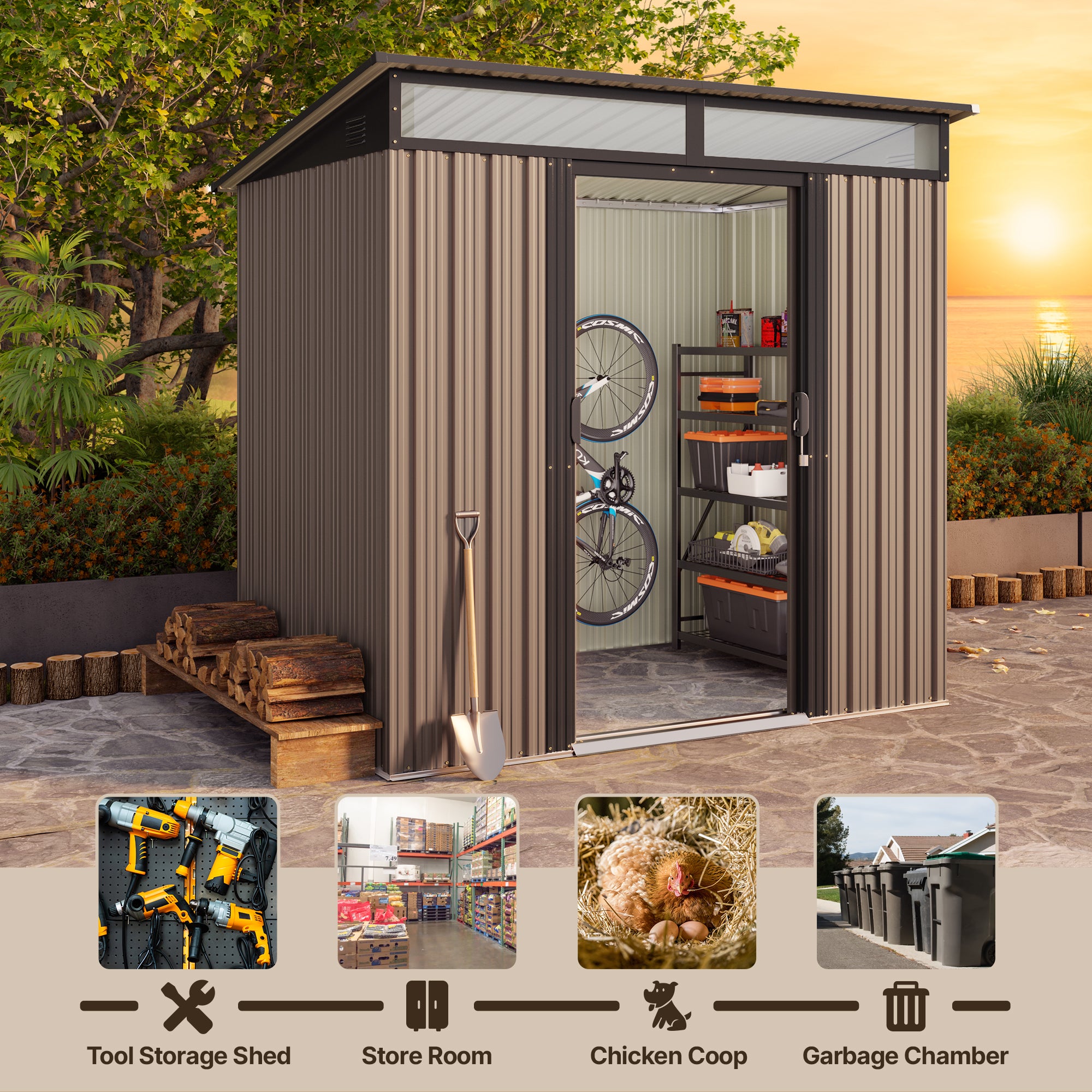 Gizoon CC15 Outdoor Storage Shed with Sliding Doors and Transparent Panel Windows