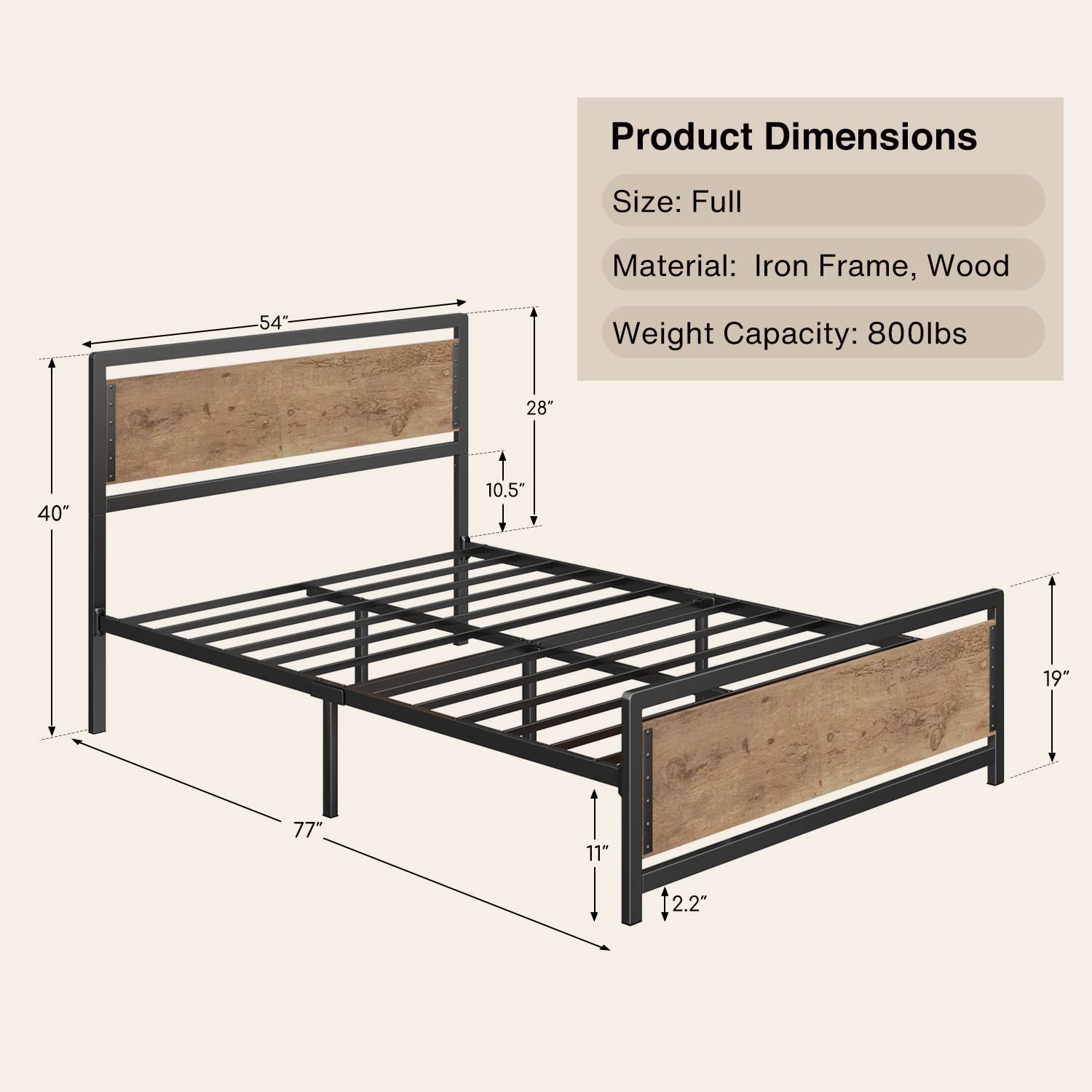 Gizoon BF32 Metal Platform Bed Frame with Wooden Headboard & Large Underbed Storage