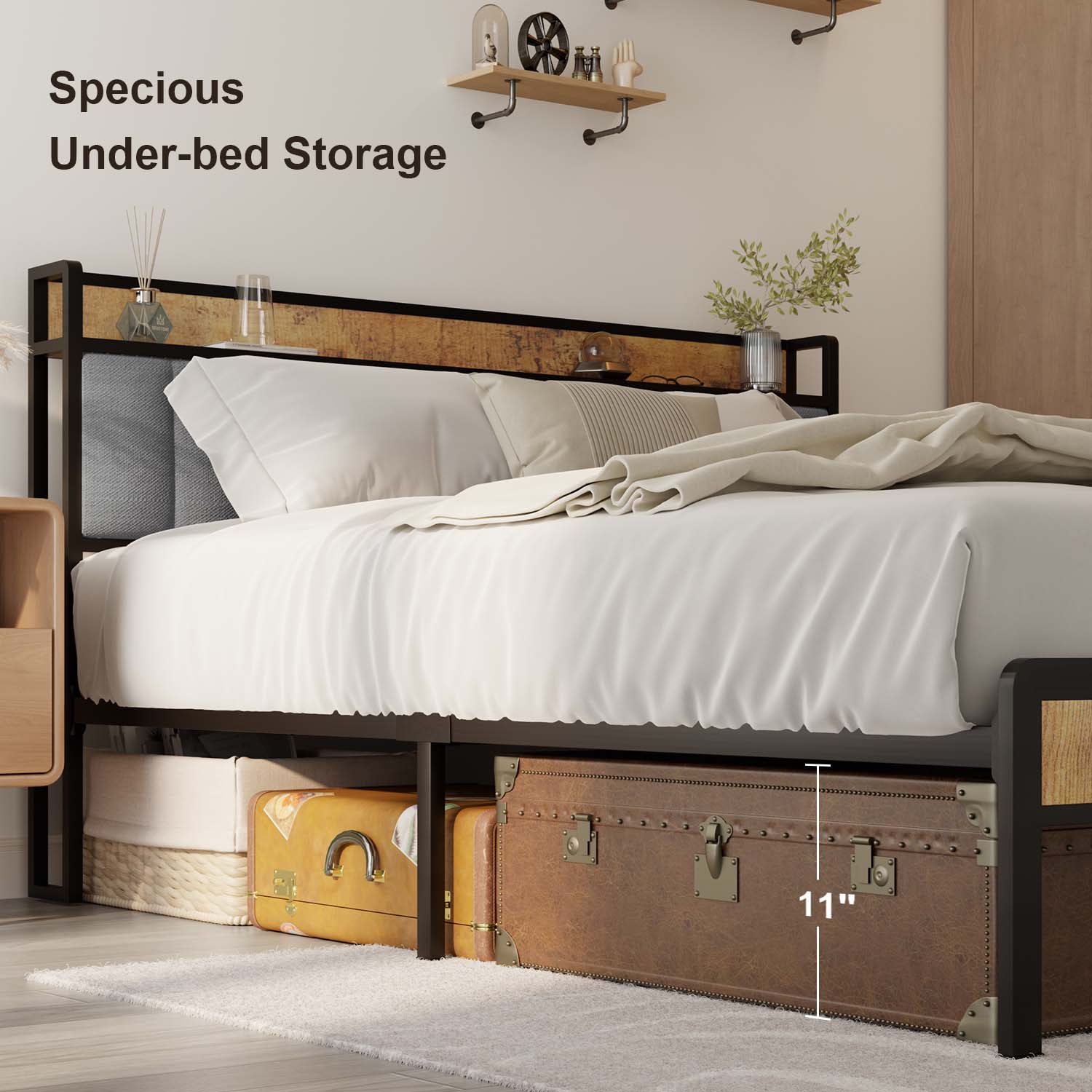 Gizoon BF22 Bed Frame with Storage Headboard & Large Under Storage