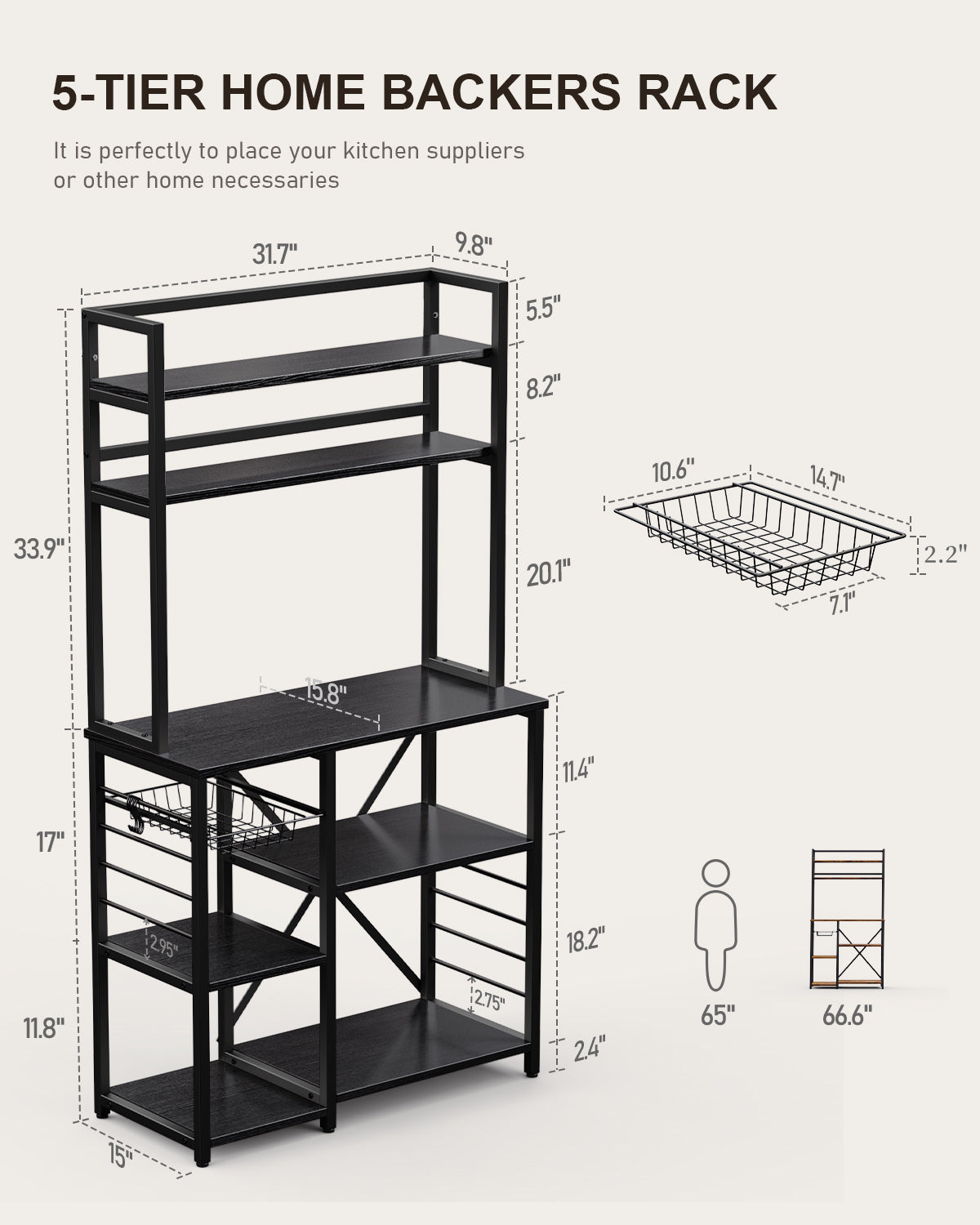 Gizoon FS11 Home 5-Tier Stand Shelf with with Basket & Side Hooks