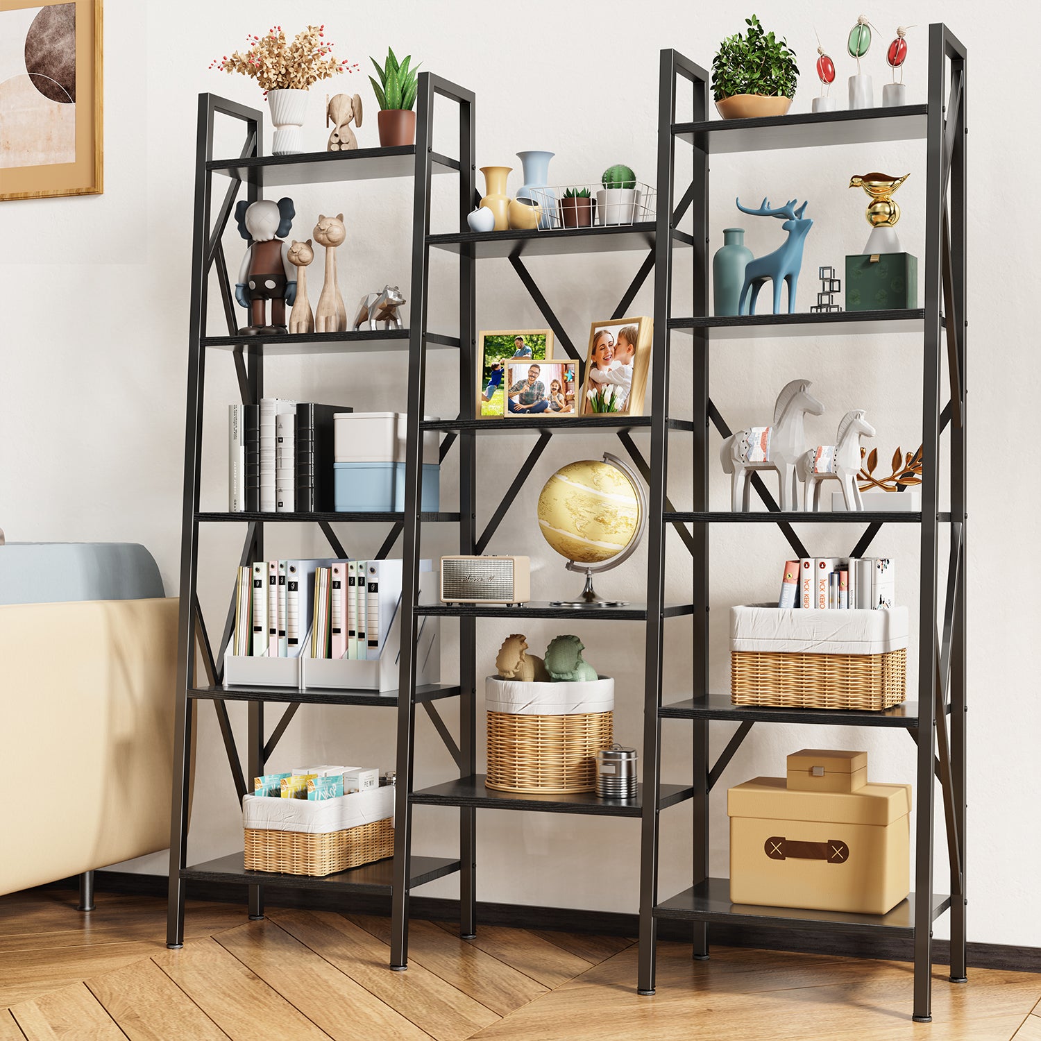 Gizoon FS12 Modern Triple Wide 5-Tiers Bookshelf with 14 Open Display Shelves