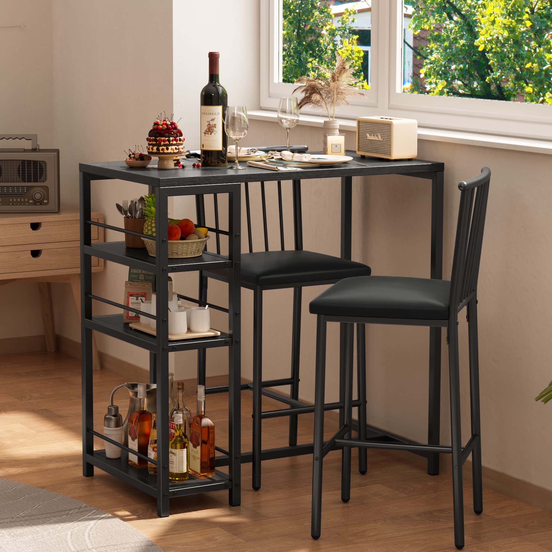Gizoon TB51 Bar Table and Chairs Set for 2 with 3 Storage Shelves