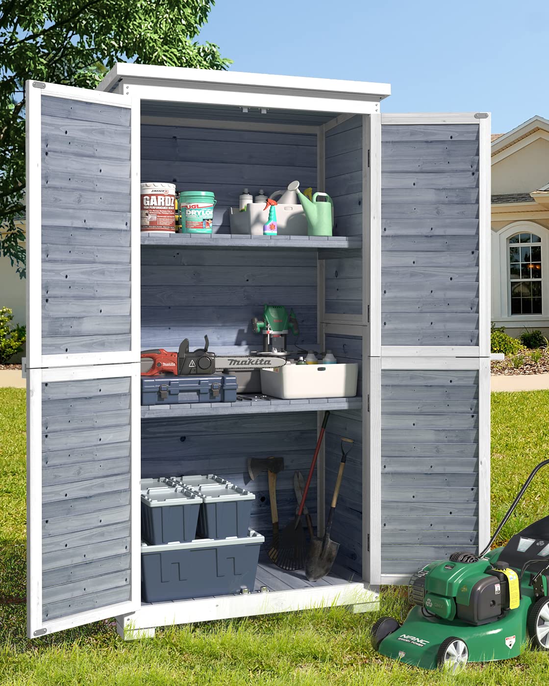 Gizoon CC30 Outdoor Wooden Storage Cabinet with 3 Shelves and Waterproof Roof