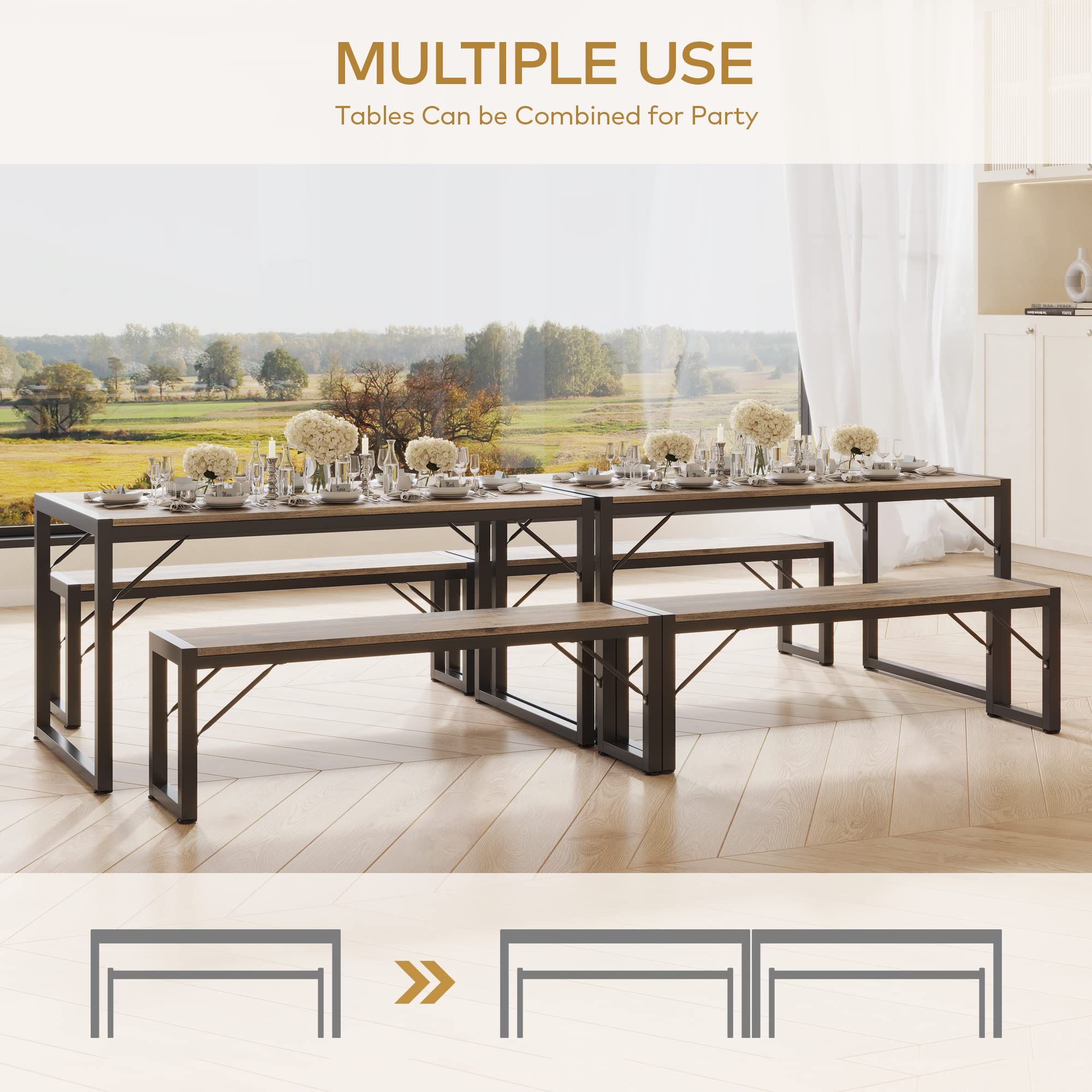 Gizoon TB43 45.5" Dining Table Set For 4 with 2 Benches, Metal Frame & MDF Board