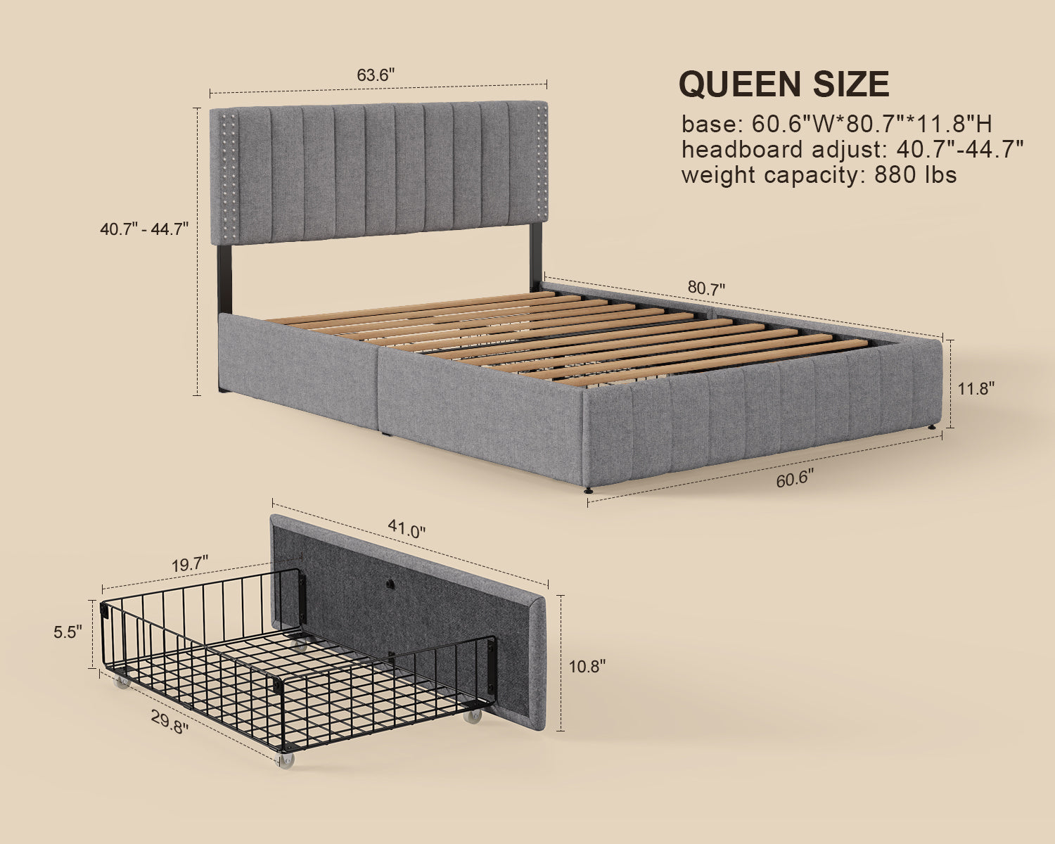 Gizoon BF03 Bed Frame with 4 Storage Drawers and Adjustable Headboard